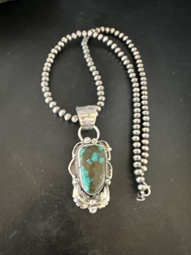 Navajo Blue Spiderweb Turquoise Pendant Necklace | Sterling Silver Pearls | Authentic Native American Handmade | 15095 - Masha USA