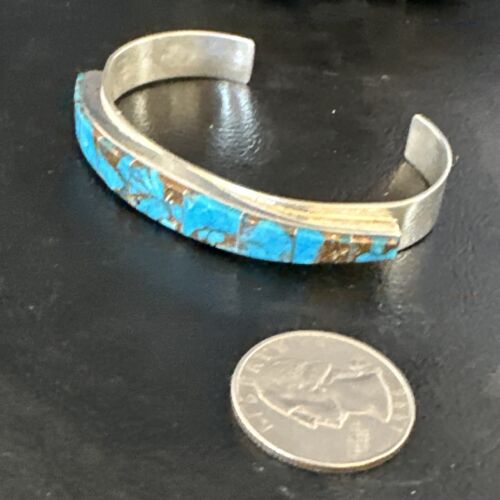 Navajo Men's Blue Mojave Turquoise Inlay Bracelet | Sterling Silver | Authentic Native American Handmade | 15065