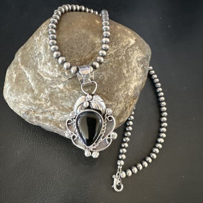 Navajo Pearls Black Onyx Necklace Pendant | Sterling Silver | Authentic Native American Handmade | 16525