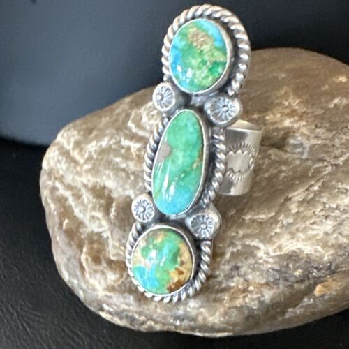Navajo Green Sonoran Gold Turquoise Multi-Stone Ring | Authentic Native American Sterling Silver | Sz 8 | 16289