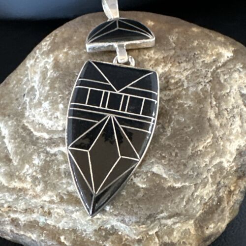 Navajo Sterling Silver Pendant with Black Onyx Inlay | Authentic Native American Handmade | 2.75"