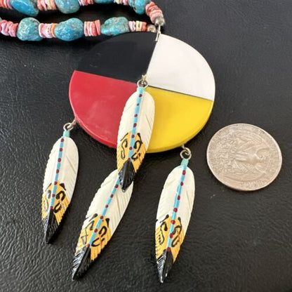 Santo Domingo Multicolor Spiny Inlay Feather Pendant Necklace | Sterling Silver | 24" | 16856