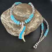 Navajo Blue Turquoise Pendant Necklace | Sterling Silver with Pearls | Authentic Native American Handmade | 15376