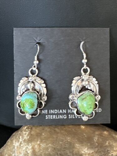 Navajo Green Sonoran Gold Turquoise Dangle Earrings | Sterling Silver | Authentic Native American Handmade | 14915