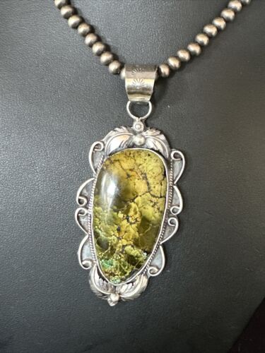 Navajo Green Turquoise Pendant Necklace | Sterling Silver Beads | Authentic Native American Handmade | 14852