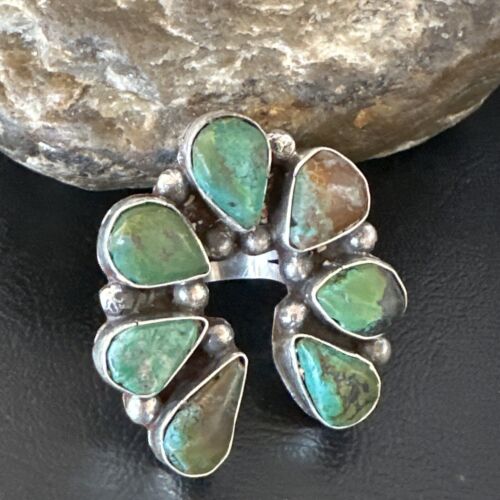 Navajo Green Turquoise Cluster Ring | Authentic Native American Sterling Silver | Multi-Stone | Sz 9 | 15660