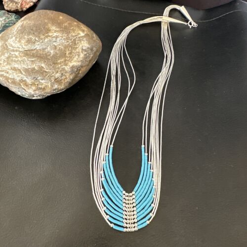 Navajo Blue Turquoise Necklace | 10-Strand | Sterling Liquid Silver Tube Heishi | 22" | 16449