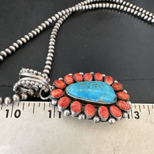 Navajo Turquoise Spiny Oyster Cluster Pendant Necklace | Sterling Silver | Native American Handmade | 17152
