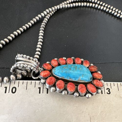 Navajo Turquoise Spiny Oyster Cluster Pendant Necklace | Sterling Silver | Native American Handmade | 17152