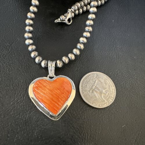Navajo Orange Heart Spiny Oyster Pendant | Sterling Silver Necklace | Authentic Native American Handmade | 15014