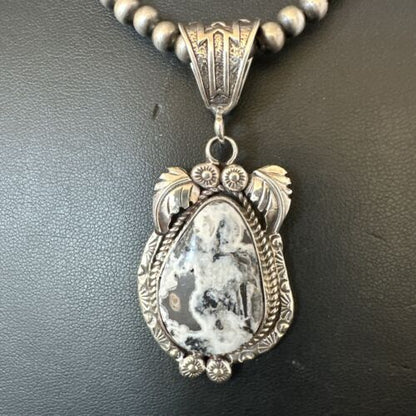 Navajo White Buffalo Turquoise Pendant Necklace | Sterling Silver | Authentic Native American Handmade | 17523
