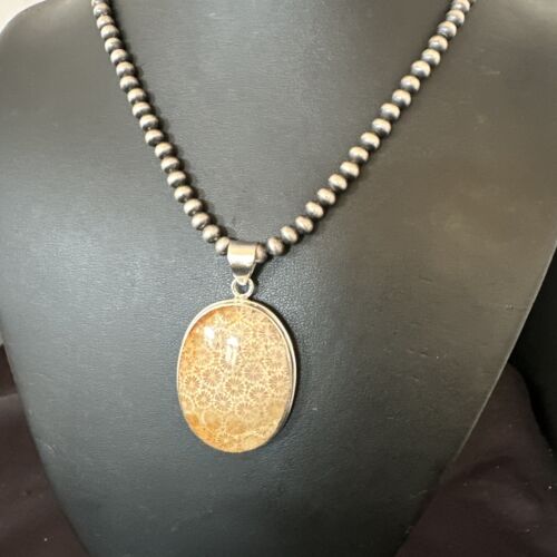 Navajo Champagne Fossil Coral Pendant Necklace | Sterling Silver Beads | Authentic Native American Handmade | 16370