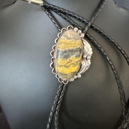 Men's Yellow Bumblebee Jasper Bolo Tie | Navajo Sterling Silver | Authentic Native American Handmade | 15013