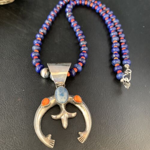 Navajo Blue Lapis Spiny Oyster Naja Pendant Necklace | Sterling Silver | Authentic Native American Handmade | 13708
