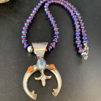 Navajo Blue Lapis Spiny Oyster Naja Pendant Necklace | Sterling Silver | Authentic Native American Handmade | 13708