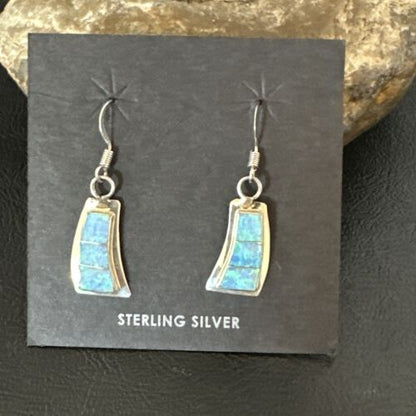 Navajo Blue Faux Opal Inlay Dangle Earrings | Sterling Silver | 1" | Authentic Native American Handmade | 17439