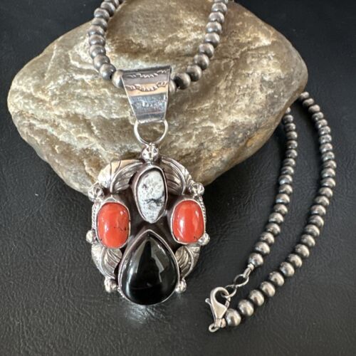 Navajo White Buffalo Coral Onyx Pearls Cluster Pendant | Sterling Silver | Native American Handmade | 15369