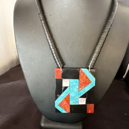 Navajo Blue Turquoise Black Onyx Necklace | Sterling Silver | 21" | Authentic Native American Handmade | 15766