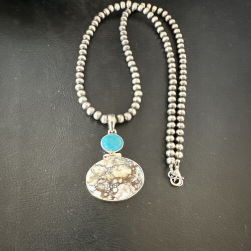 Navajo Wild Horse Blue Kingman Turquoise Necklace | Sterling Silver | Authentic Native American Handmade | 17323
