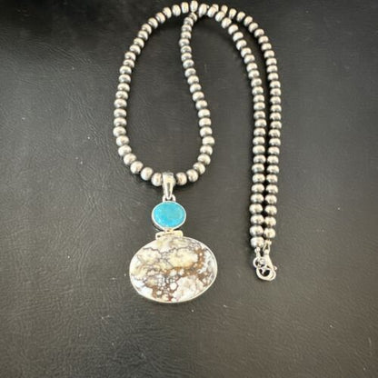 Navajo Wild Horse Blue Kingman Turquoise Necklace | Sterling Silver | Authentic Native American Handmade | 17323