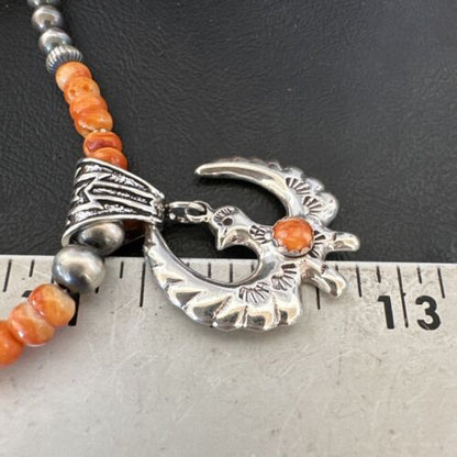 Navajo Thunderbird Orange Spiny Oyster Pendant Necklace | Sterling Silver | Authentic Native American Handmade | 16852