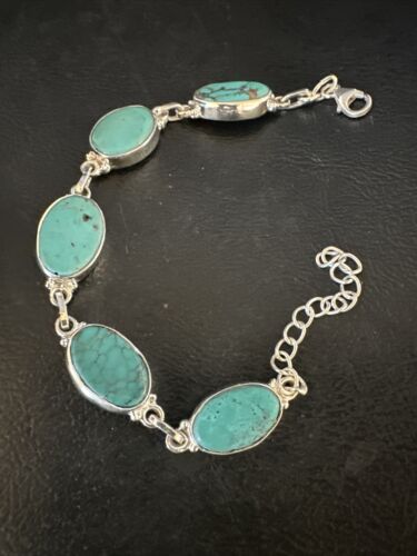 Navajo Blue Turquoise Link Bracelet | Sterling Silver | 8" | Authentic Native American Handmade | 15466