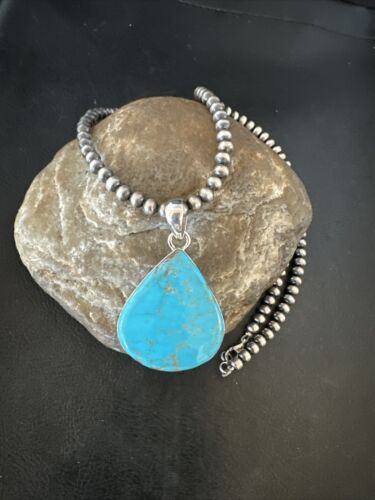 Navajo Blue Kingman Turquoise Pendant Necklace | Sterling Silver | 20" | Authentic Native American Handmade | 17001