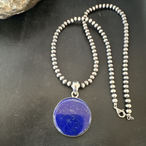 Navajo Blue Lapis Pendant with Pearls | Sterling Silver Necklace | 20" | Authentic Native American Handmade | 16659