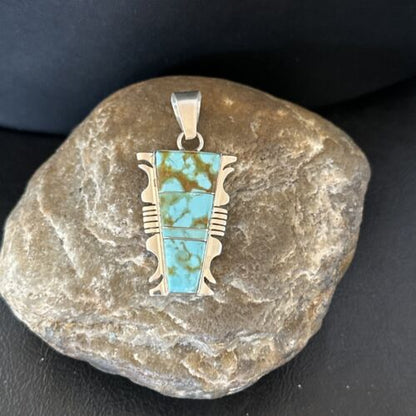 Navajo Blue #8 Turquoise Inlay Pendant | Sterling Silver | 2" | Authentic Native American Handmade | 15683