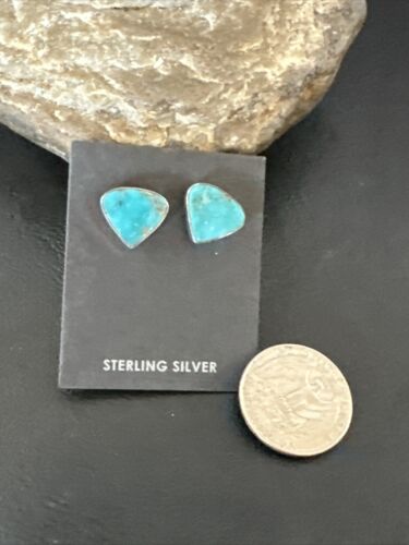 Navajo Blue Kingman Turquoise Post Stud Earrings | Sterling Silver | Authentic Native American Handmade | 17480