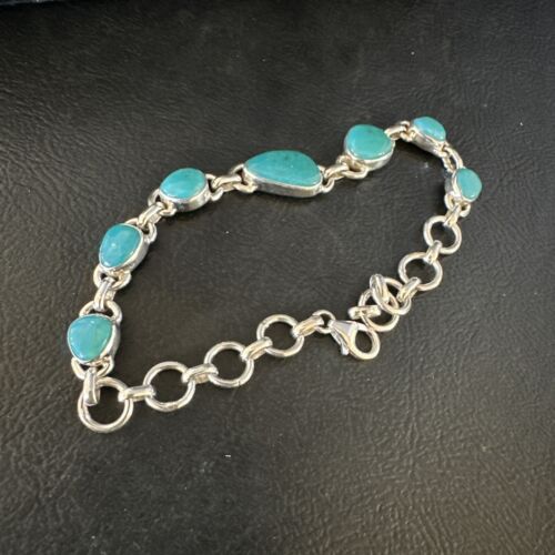 Navajo Blue Turquoise Link Bracelet | Sterling Silver | 8" | Authentic Native American Handmade | 15473