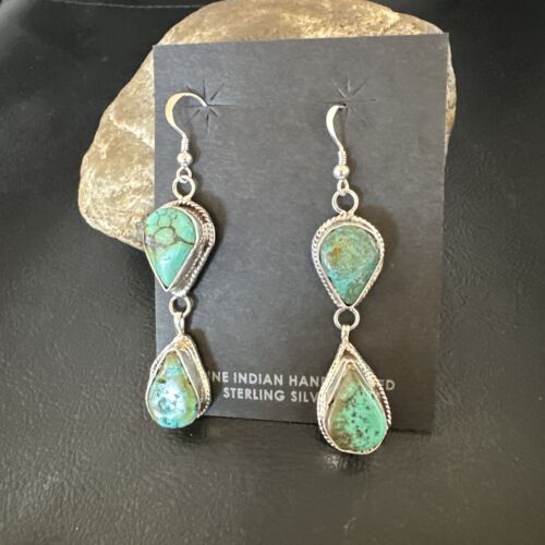 Navajo Green Royston Turquoise Dangle Earrings | Sterling Silver | Authentic Native American Handmade | 16495