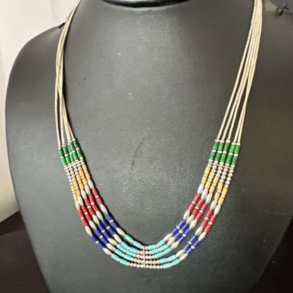 Multicolor Lapis Coral Heishi Liquid Sterling Silver Necklace | 5 Strand | 20" | 15886