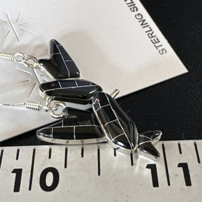 Navajo Black Onyx Hummingbird Earrings | Sterling Silver | 1" | Authentic Native American Handmade | 15090