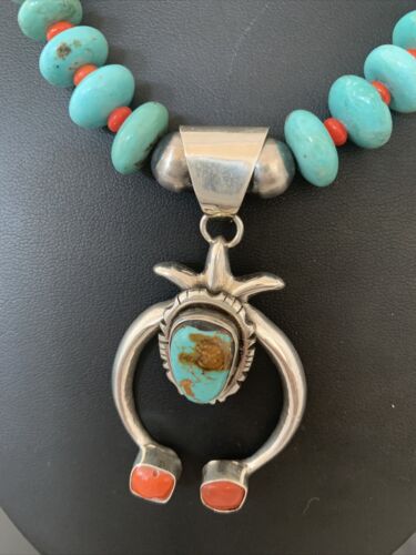Navajo Blue Turquoise Coral Naja Pendant Necklace | Sterling Silver | Authentic Native American Handmade | 02082