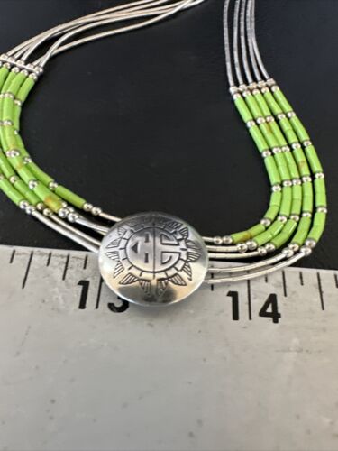 Navajo Green Gaspeite Heishi Concha Necklace | 5 Strand Liquid Sterling Silver | 20" | 15872