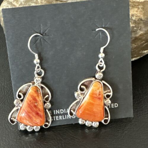Navajo Orange Spiny Oyster Dangle Earrings | Sterling Silver | Authentic Native American Handmade | 17269