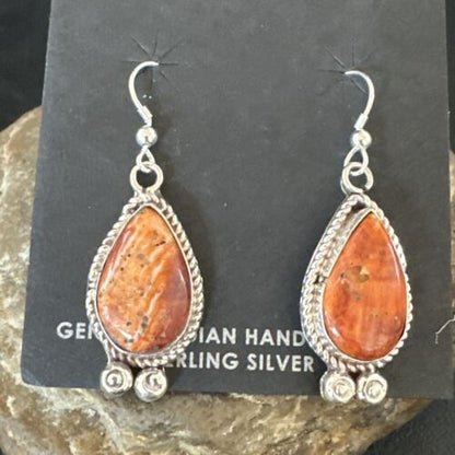 Navajo Orange Spiny Oyster Dangle Earrings | Sterling Silver | Authentic Native American Handmade | 17267