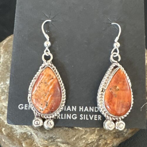Navajo Orange Spiny Oyster Dangle Earrings | Sterling Silver | Authentic Native American Handmade | 17267