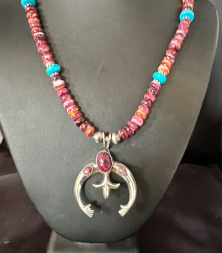 Navajo Purple Spiny Oyster Turquoise Naja Pendant Necklace | Sterling Silver | Native American Handmade | 15263