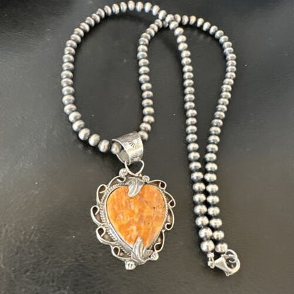 Navajo Orange Spiny Oyster Heart Pendant Necklace | Sterling Silver | Authentic Native American Handmade | 16297