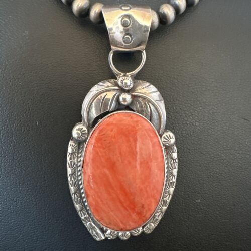 Navajo Red Spiny Oyster Pendant Necklace | Sterling Silver | Authentic Native American Handmade | 15632