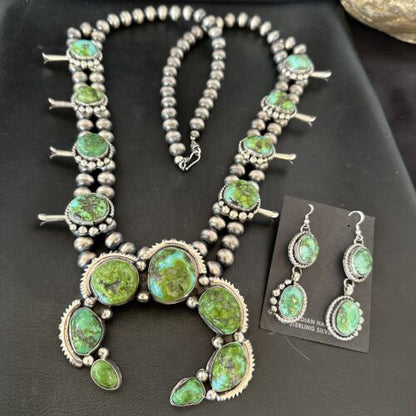 Green Sonoran Gold Turquoise Sterling Silver Squash Blossom Necklace Pendant | Navajo | 17207