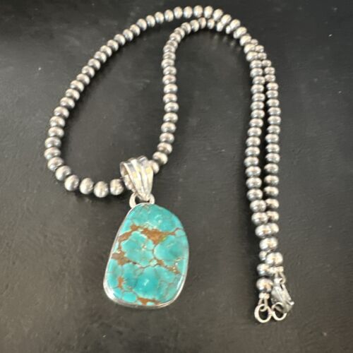 Navajo Blue Spiderweb Turquoise Pendant Necklace | Sterling Silver | Native American Handmade | 15572