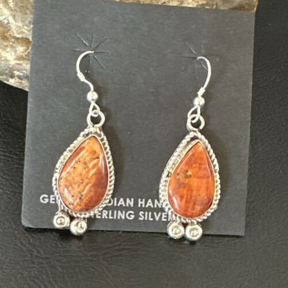 Navajo Orange Spiny Oyster Dangle Earrings | Sterling Silver | Authentic Native American Handmade | 17267