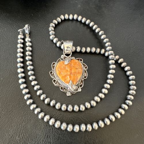 Navajo Orange Spiny Oyster Heart Pendant Necklace | Sterling Silver | Authentic Native American Handmade | 16297