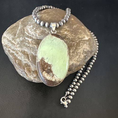 Navajo Green Gaspeite Pendant Necklace | Sterling Silver | Authentic Native American Handmade | 15486