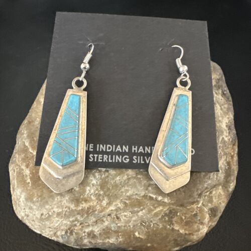 Navajo Blue Turquoise Inlay Earrings | Sterling Silver | Authentic Native American Handmade | 15269