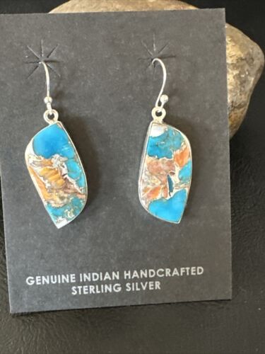 Navajo Blue Turquoise & Orange Spiny Oyster Inlay Dangle Earrings | Sterling Silver | 15585