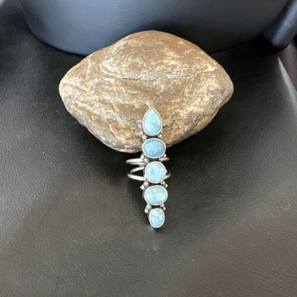Navajo Blue Larimar Multi-Stone Cluster Ring | Authentic Native American Sterling Silver | Sz 9.5 | 16607